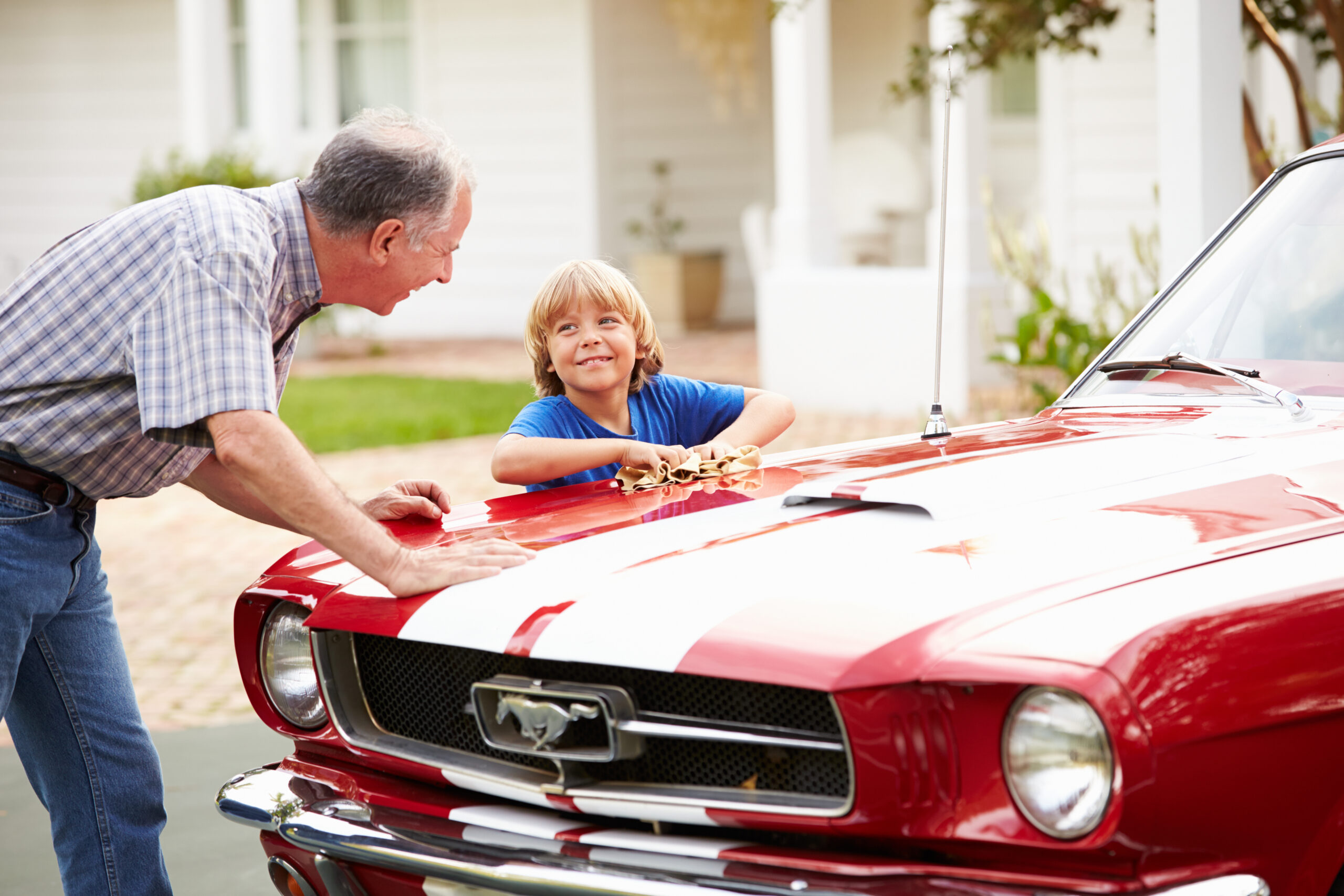 Grandfather,And,Grandson,Cleaning,Restored,Classic,Car